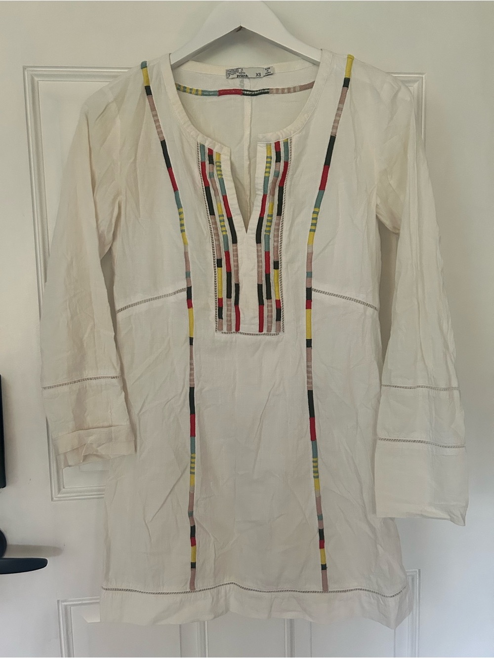 Prana White Tunic with Colorblock Embroidered Stripes